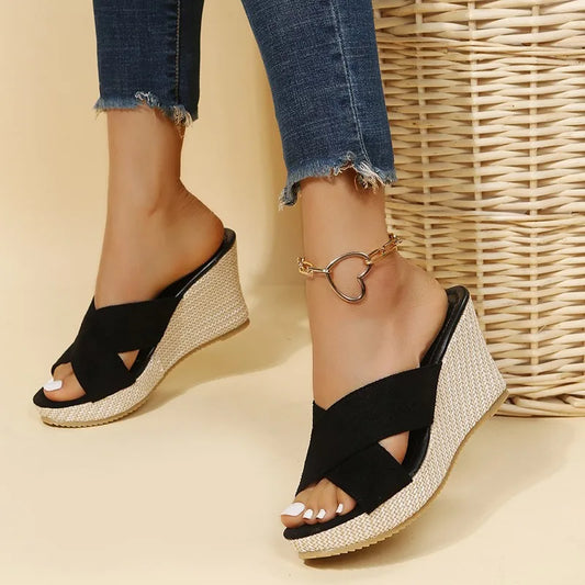 Sandalias de cuña con plataforma para mujer – Pantuflas informales trenzadas de paja con puntera abierta, cómodos zapatos romanos de playa (Tallas 35-40)