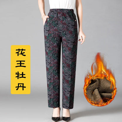 8XL Plus Size Women's Winter Pants – Printed Elastic High-Waist Velvet Trousers, Warm Straight-Leg Casual Oversized Fit