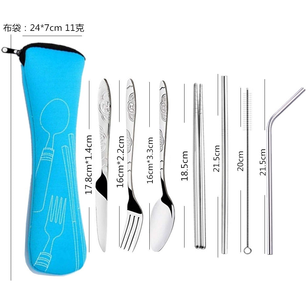 Ensemble de couverts de voyage en acier inoxydable 7 pièces – Couteau, fourchette, cuillère, baguettes et paille portables avec sac de transport pour le camping en plein air, les pique-niques, l'école et les repas quotidiens