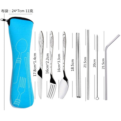Ensemble de couverts de voyage en acier inoxydable 7 pièces – Couteau, fourchette, cuillère, baguettes et paille portables avec sac de transport pour le camping en plein air, les pique-niques, l'école et les repas quotidiens
