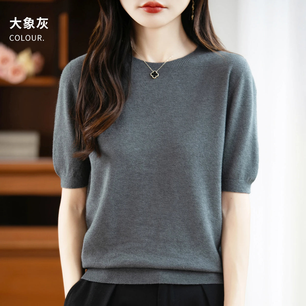 Women's 100% Wool Knitted Sweater – O-Neck Short-Sleeve Pullover, Warm Basic Casual Top for Fall & Winter, Available in 22 Colors