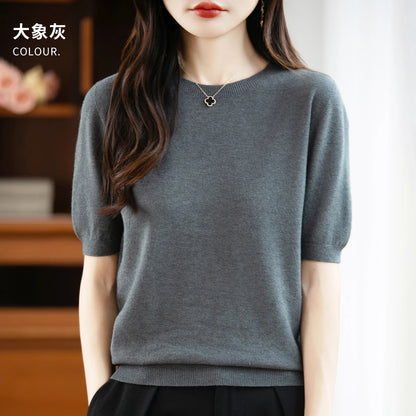 Women's 100% Wool Knitted Sweater – O-Neck Short-Sleeve Pullover, Warm Basic Casual Top for Fall & Winter, Available in 22 Colors
