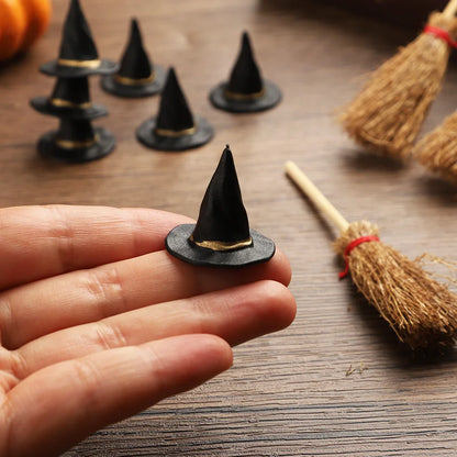 20PCS Mini Witch Hats & Brooms Cake Toppers – Halloween Wizard Hat Cake Decorations for Wedding, Birthday Party & DIY Crafts