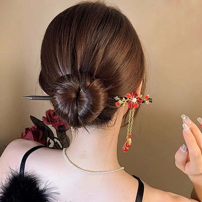Vintage Chinese Wooden Hair Stick with Red Flower – Hanfu Hairpin Hair Fork for Women