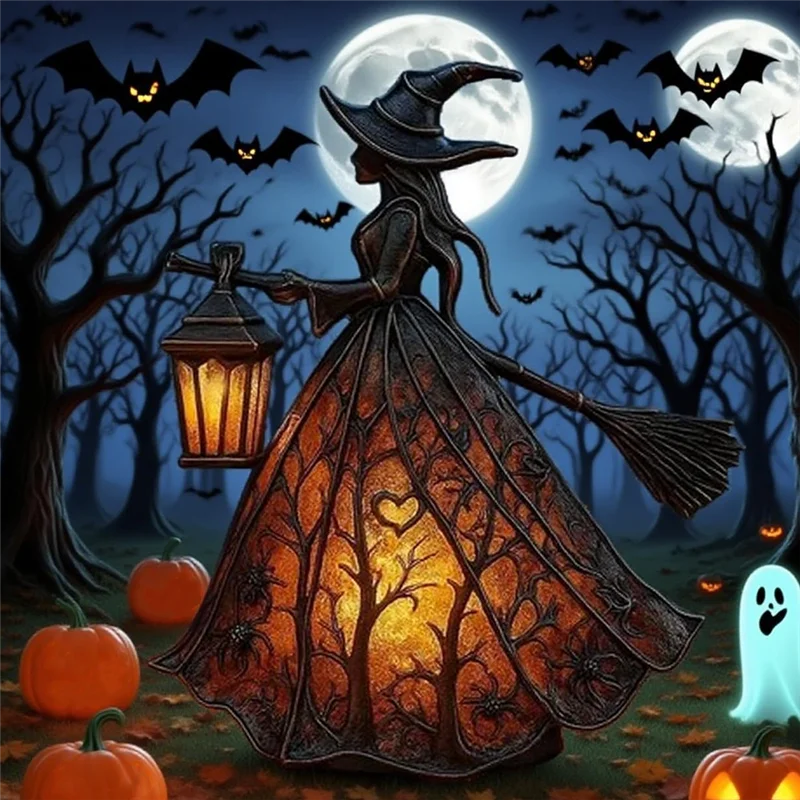 AT44 Halloween Witch Table Lamp – Gothic Spooky Light with Holding Lantern Design for Home, Porch & Halloween Party Decor