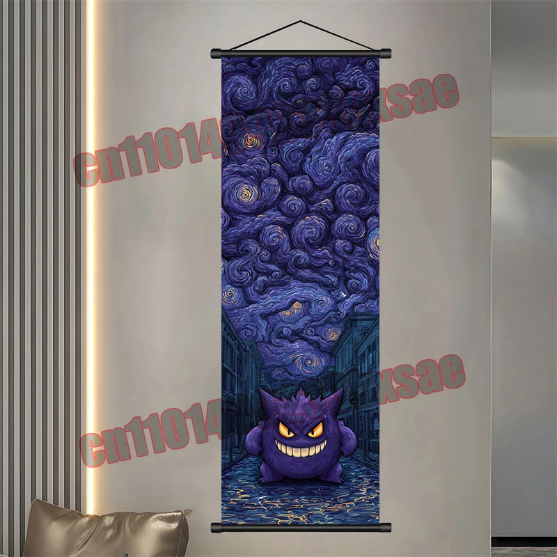 Pokémon Anime Wall Poster – Gengar Eevee Pikachu Scroll Painting Retro Canvas Artwork for Home Decor