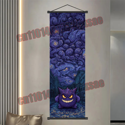 Pokémon Anime Wall Poster – Gengar Eevee Pikachu Scroll Painting Retro Canvas Artwork for Home Decor