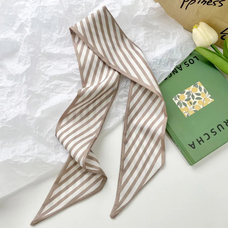 Khaki Nude Silk Scarf Hair Band – Vintage Satin Ribbon Bow Hair Accessory for Women | Elegant Fashion Hair Tie
