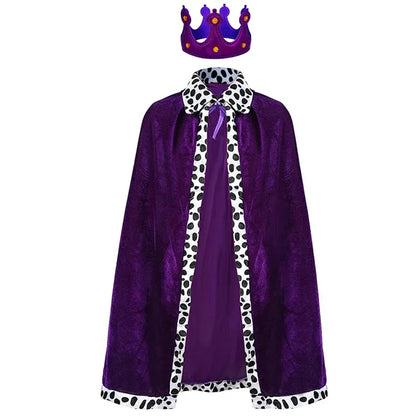 King Prince Costume Cloak with Crown – Red, Blue & Purple Velvet Cape Robe for Adults & Kids, Cosplay, Birthday Party & Dress-Up Accessory