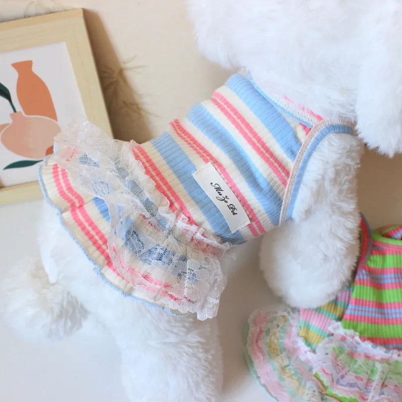 Vestido de verano para cachorros lindos para perros y gatos pequeños – Ropa de encaje a rayas para mascotas, camiseta y falda para perras Chihuahua, Yorkie, Bichon