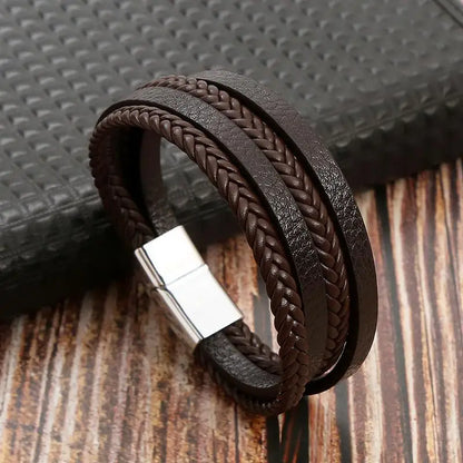 Pulsera de cuero clásica para hombre – Pulsera multicapa tejida a mano para hombre | Accesorio de joyería de moda casual, regalo