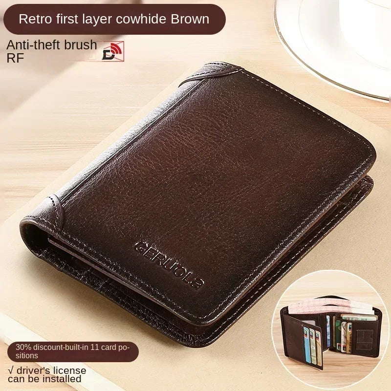 Men's Genuine Leather RFID Blocking Trifold Wallet Slim Vintage ID & Credit Card Holder