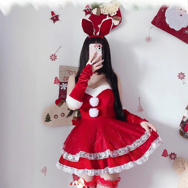 Women's Sexy Christmas Lolita Santa Costume, Red and White Short Skirt Dress, Elegant Santa Claus Cosplay Outfit for Christmas Parties, Holiday Events and Roleplay Garment