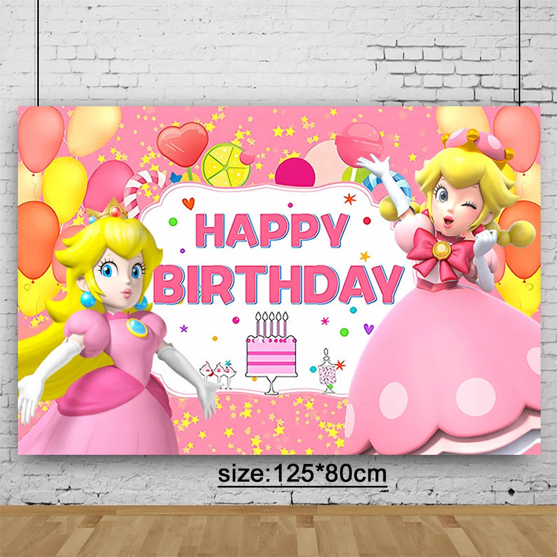 Princess Peach Party Supplies Set – Cartoon Anime-Themed Tableware, Balloons & Decorations for Children's Birthdays & Baby Showers