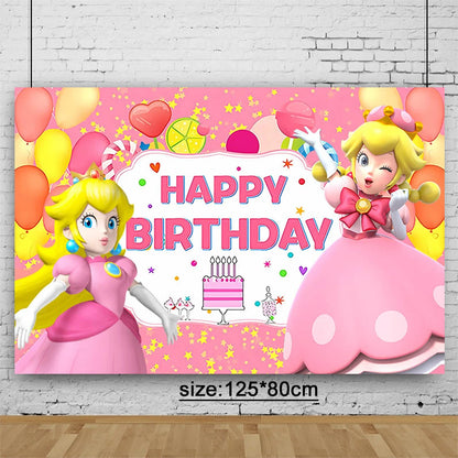 Princess Peach Party Supplies Set – Cartoon Anime-Themed Tableware, Balloons & Decorations for Children's Birthdays & Baby Showers