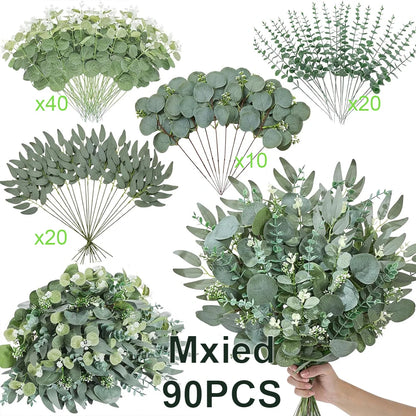 50/90 PIÈCES Bouquet de Fleurs Artificielles Eucalyptus – Mélange de Verdure Feuilles de Saule Argenté Eucalyptus pour Arrangements Floraux de Mariage & Décoration Intérieure DIY