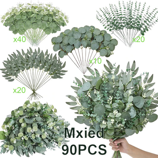 50/90 unidades de ramo de flores de eucalipto artificial – tallos mixtos de eucalipto plateado y sauce para arreglos florales de boda y decoración del hogar DIY