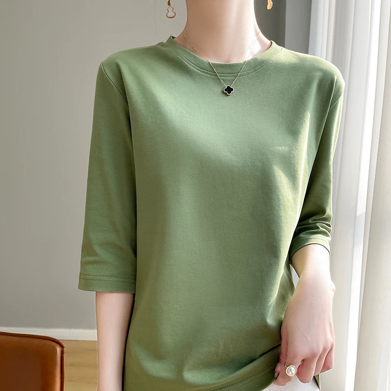 Camiseta de algodón mercerizado para mujer, manga corta, cuello redondo, top básico suave de verano