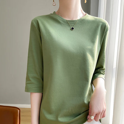 Camiseta de algodón mercerizado para mujer, manga corta, cuello redondo, top básico suave de verano