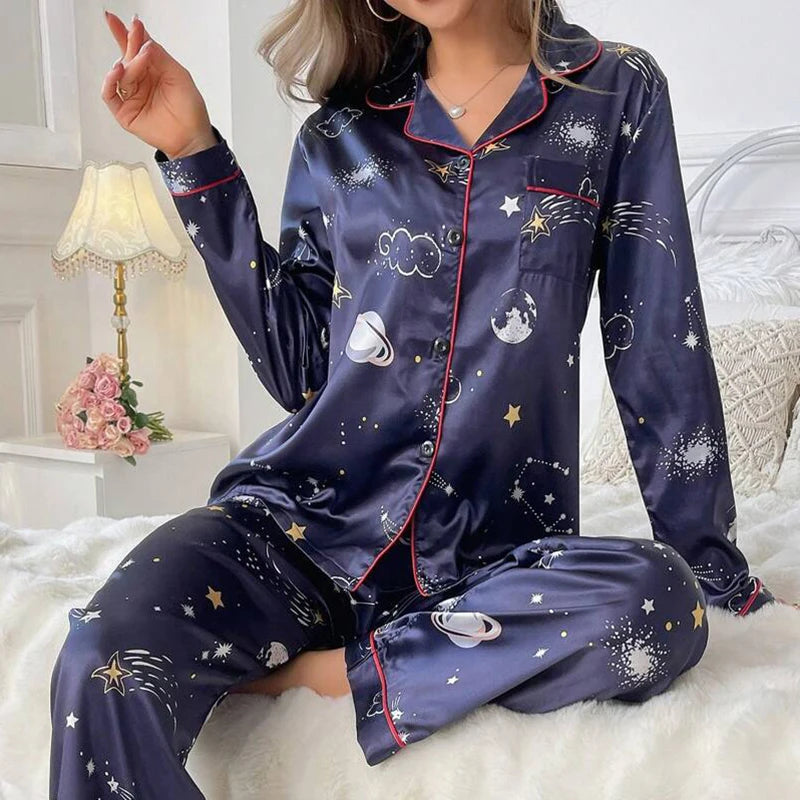 Women's Satin Pajama Set – 2-Piece Long Sleeve Button-Up Top & Pants, Soft Autumn Sleepwear & Loungewear