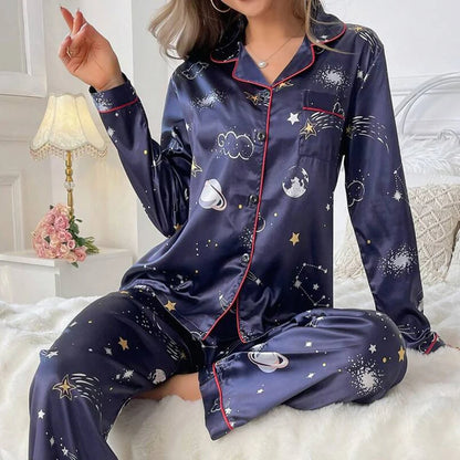 Women's Satin Pajama Set – 2-Piece Long Sleeve Button-Up Top & Pants, Soft Autumn Sleepwear & Loungewear