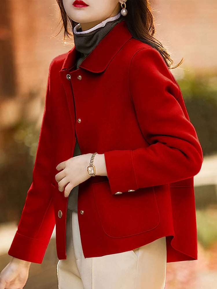 Women’s Classic Short Wool Coat – Solid Color Button-Up Jacket, Warm Autumn & Winter Fashion Outerwear