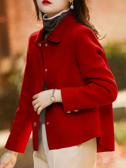 Women’s Classic Short Wool Coat – Solid Color Button-Up Jacket, Warm Autumn & Winter Fashion Outerwear