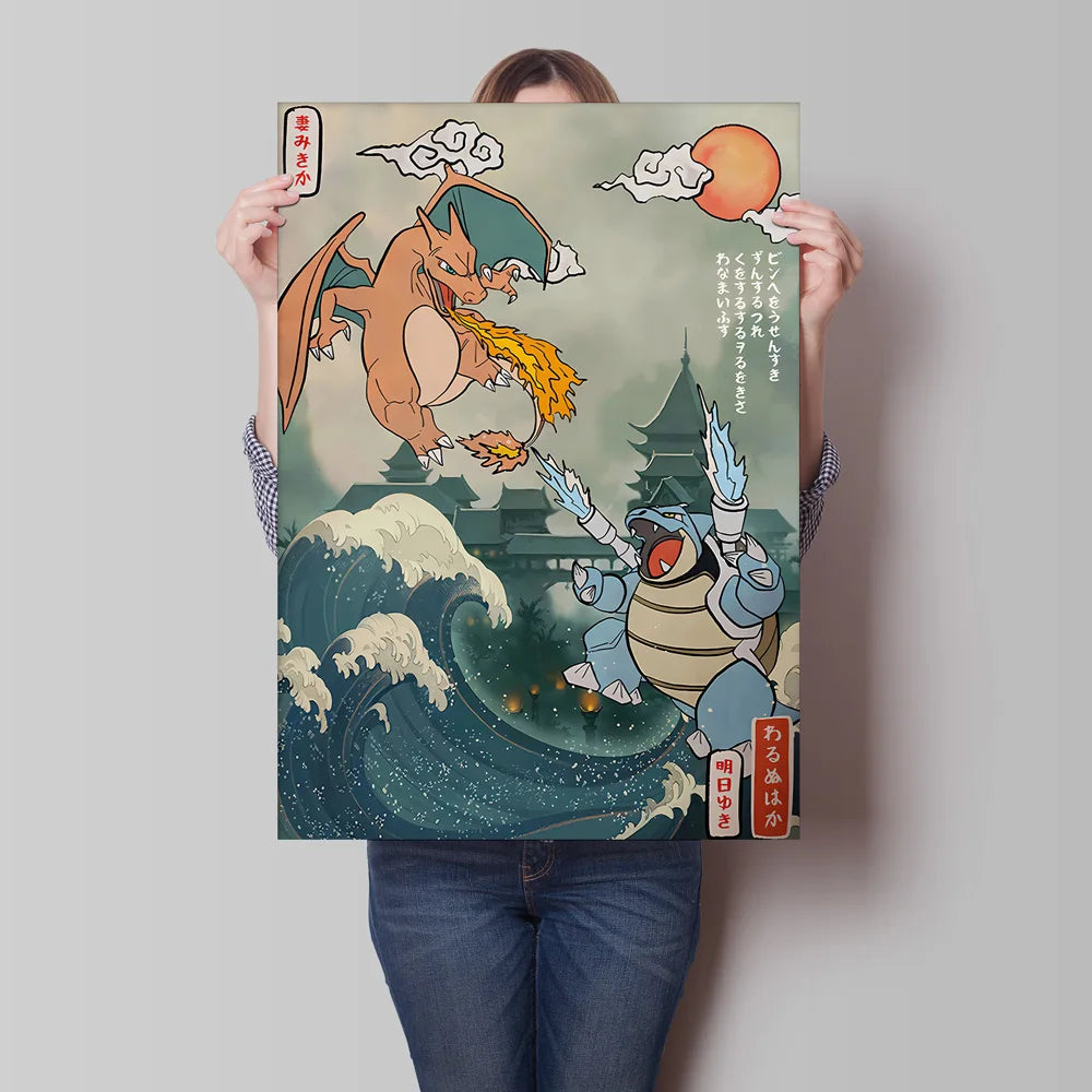 Pokémon Dracaufeu & Tortank Impression sur Toile Décoration Murale Tableau Poster HD pour Salon Maison