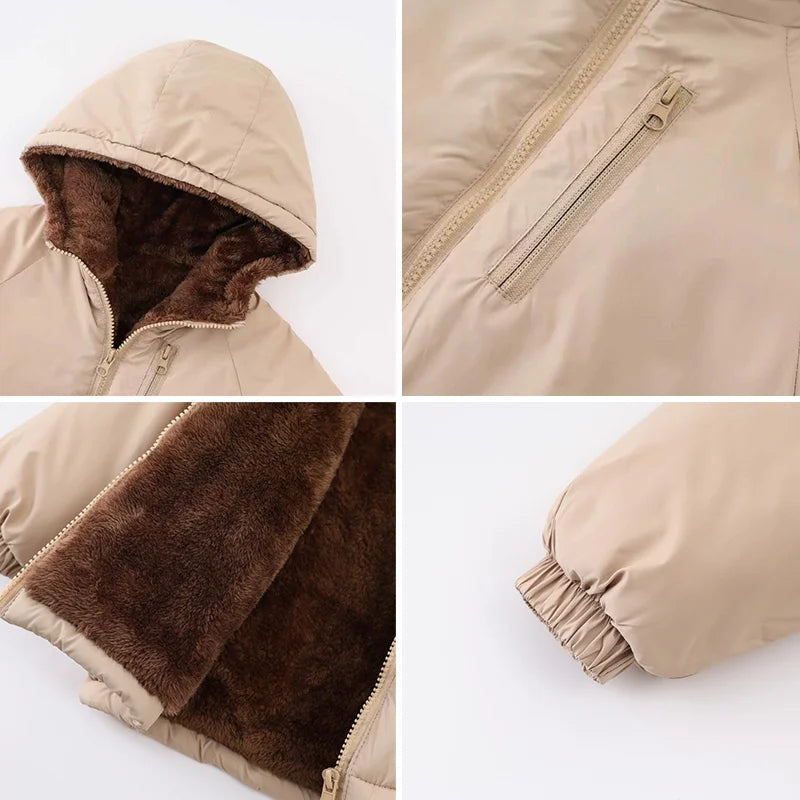 Kids Double-Sided Fleece Hooded Jacket, Thick Warm Winter Cotton-Padded Coat for Boys and Girls Ages 3-8, Solid Color Autumn Outerwear