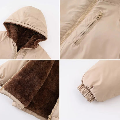 Kids Double-Sided Fleece Hooded Jacket, Thick Warm Winter Cotton-Padded Coat for Boys and Girls Ages 3-8, Solid Color Autumn Outerwear