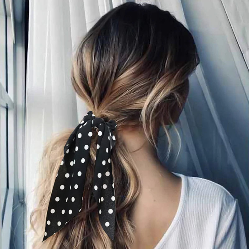 Korean Dots Scrunchie Hair Tie – Long Scarf Ponytail Elastic Hair Band for Women | Sweet Fashion Hair Accessories