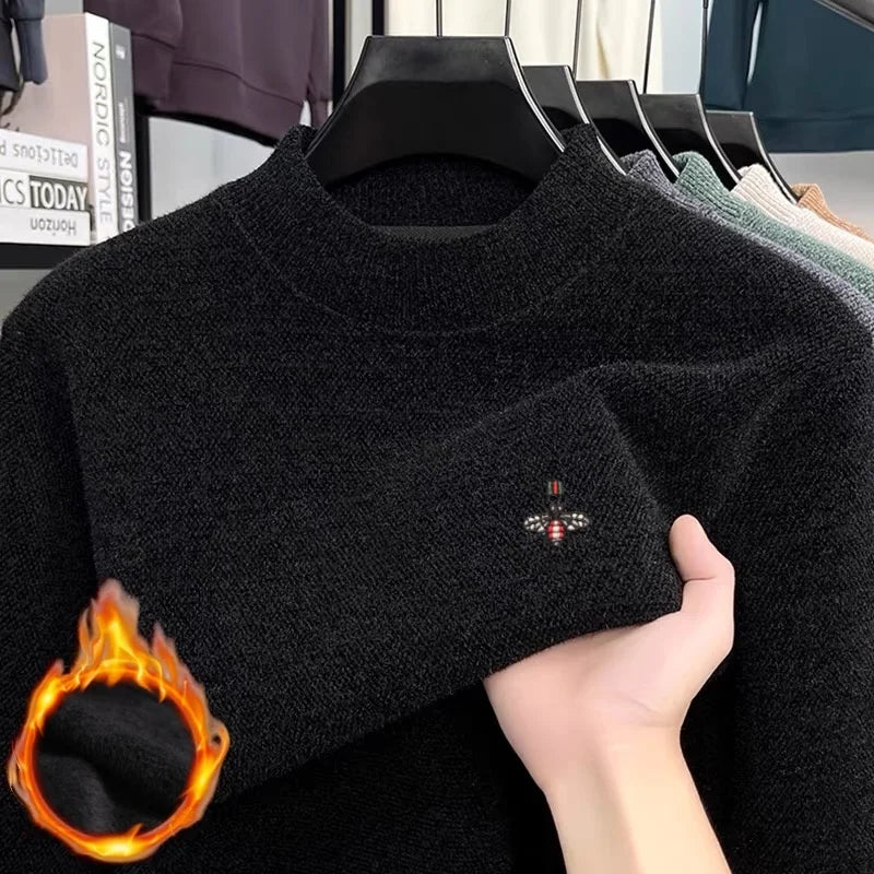 Men’s 100% Merino Wool Winter Sweater – Little Bee Embroidered Ribbed Collar Knitted Pullover, Soft Warm Fashion Knitwear