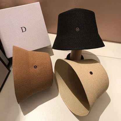 Japanese Designer M Straw Woven Summer Sun Hat for Women Casual Travel Panama Bucket Hat Sunscreen Slim-Face Luxury