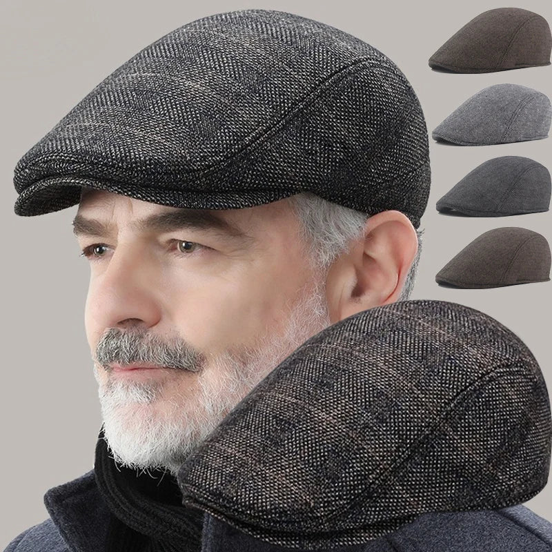 Men's Wool Beret Hat – Herringbone Flat Cap for Autumn & Winter, Classic Artist Painter Style Hat for Men