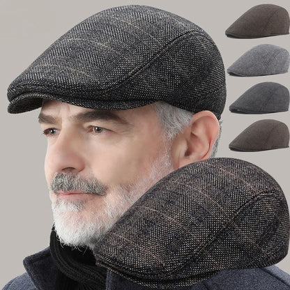 Men's Wool Beret Hat – Herringbone Flat Cap for Autumn & Winter, Classic Artist Painter Style Hat for Men