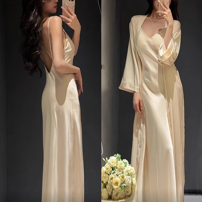 Women’s 2PCS Sleepwear Set – Backless Suspender Nightgown & Long Robe Elegant Sexy Loungewear Dress