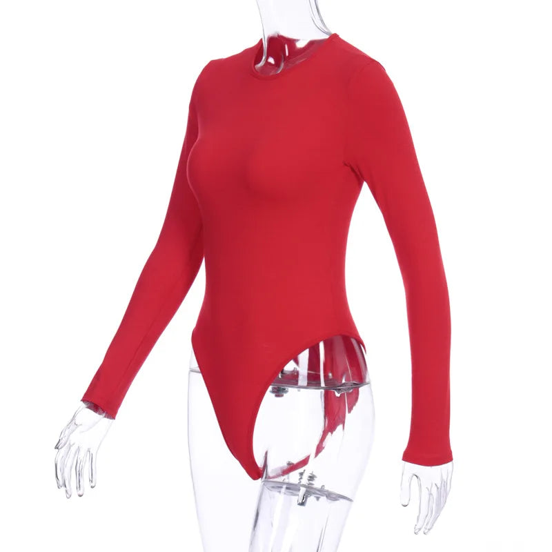Women O-Neck Long Sleeve Bodysuit – Solid Color Sexy Casual Streetwear Body Top (White/Black/Gray)