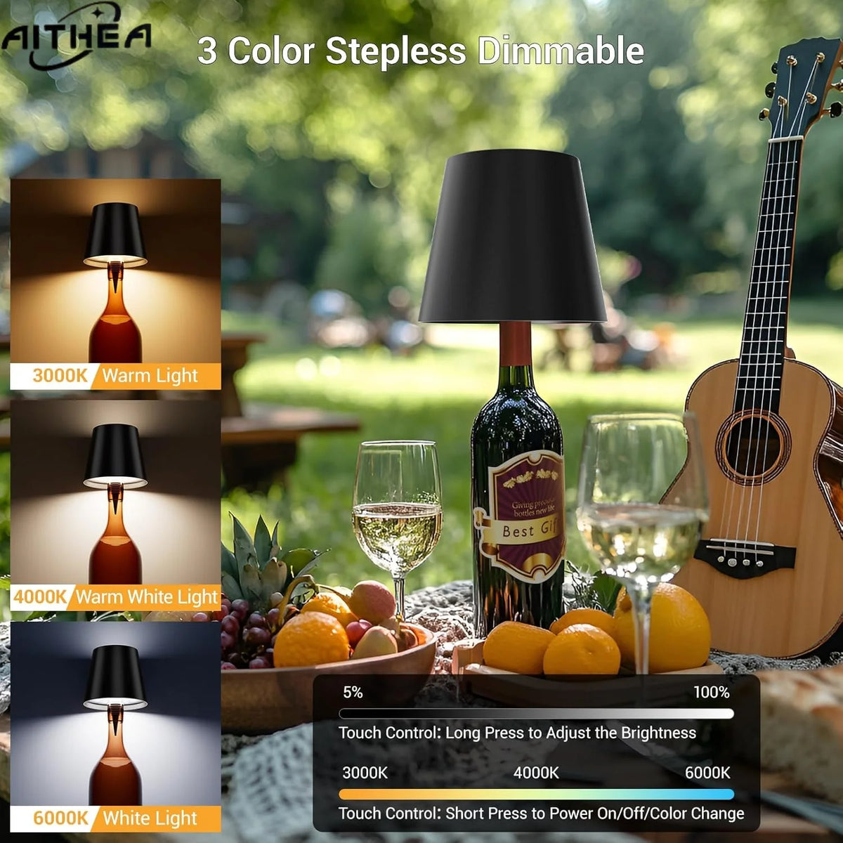 AITHEA Wireless Wine Bottle Cork Lamp – Touch Control Dimmable LED Desk Light with USB-C Charging for Home Bar Decor