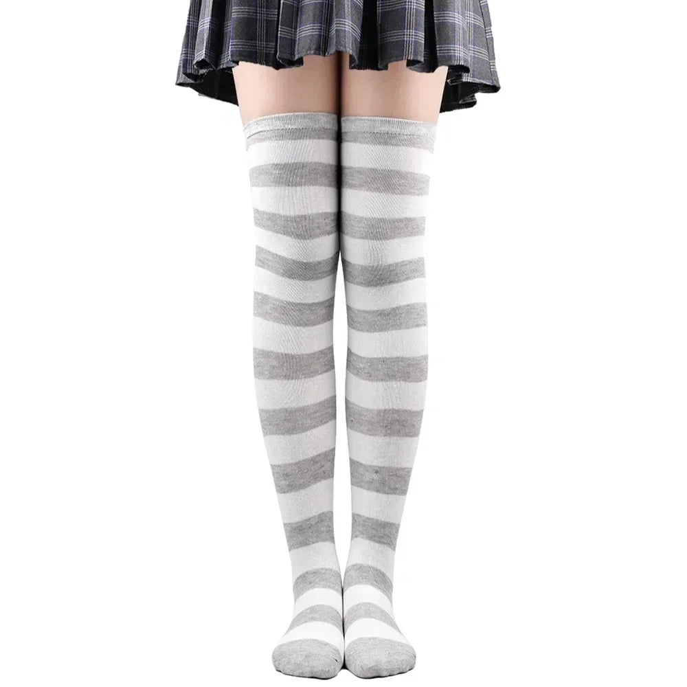 Thigh High Socks Women Over Knee Striped Polka Dot Stockings Black White Pink Lolita Cosplay Harajuku Y2K Kawaii