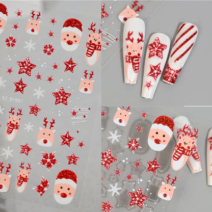 Christmas Nail Art Stickers – Red Glitter Snowflake, Elk & Snowman Self-Adhesive Holiday Manicure Decals (1–12pcs)