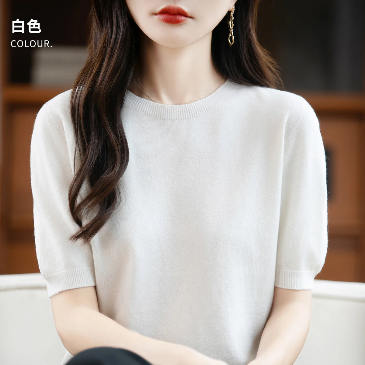 Women's 100% Wool Knitted Sweater – O-Neck Short-Sleeve Pullover, Warm Basic Casual Top for Fall & Winter, Available in 22 Colors