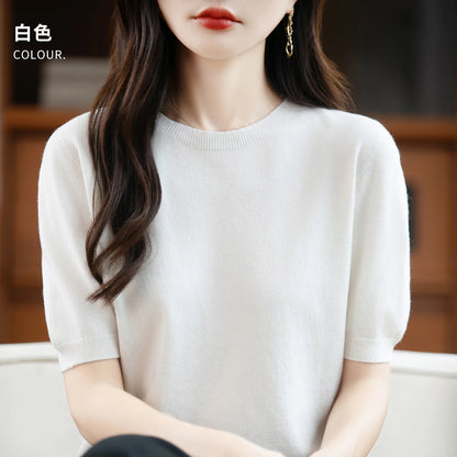 Women's 100% Wool Knitted Sweater – O-Neck Short-Sleeve Pullover, Warm Basic Casual Top for Fall & Winter, Available in 22 Colors