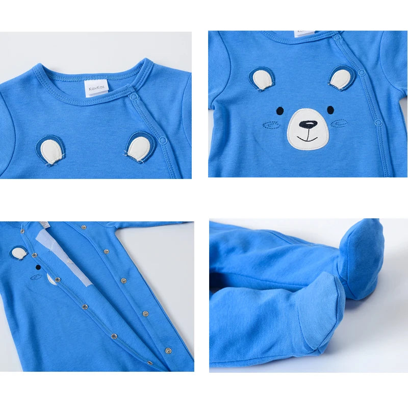 Spring Baby Boy Cotton Romper – Blue Bear Print Knit Jumpsuit & Newborn Overalls Pajamas, Soft Casual Outfit for Infants & Toddlers