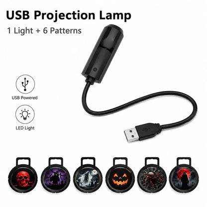 Halloween USB Projection Lamp with 3 or 6 Pattern Slides, LED Ghost Bat Skull Spider Projector Light for Halloween Party, Bedroom, Indoor Holiday Decorations