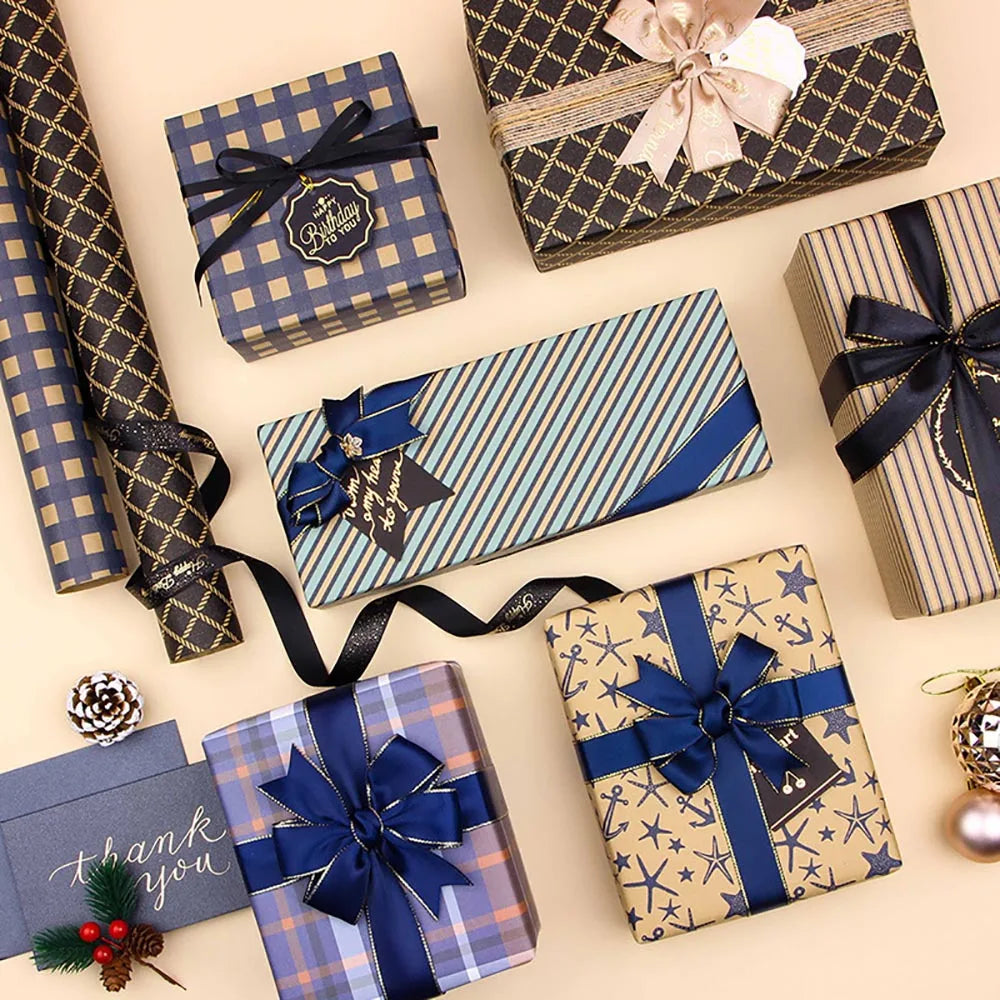 70×50CM Retro Blue Wave Gift Wrapping Paper – Grid & Sea Star Pattern Bouquet Packaging Paper for Men, Birthday Gifts & DIY Crafts