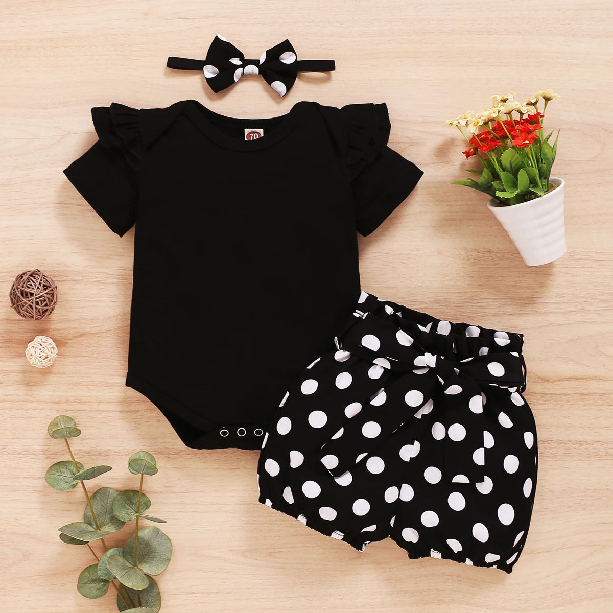 Baby Girl 3PCS Summer Outfit Set – Short Sleeve Bodysuit, Polka Dot Shorts & Headband for Infants