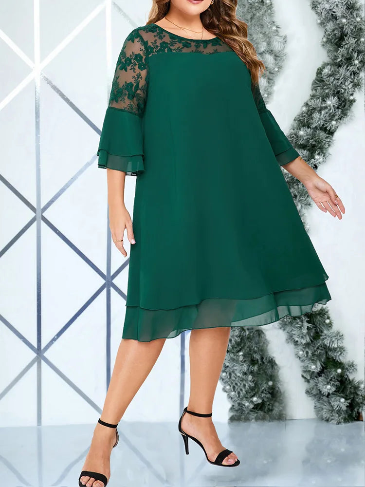 GIBSIE Plus Size Women's Chiffon Midi Dress – Elegant Embroidered Mesh Patchwork O-Neck Flared Sleeve Layered Dress