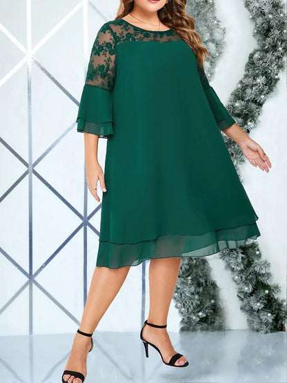 GIBSIE Plus Size Women's Chiffon Midi Dress – Elegant Embroidered Mesh Patchwork O-Neck Flared Sleeve Layered Dress