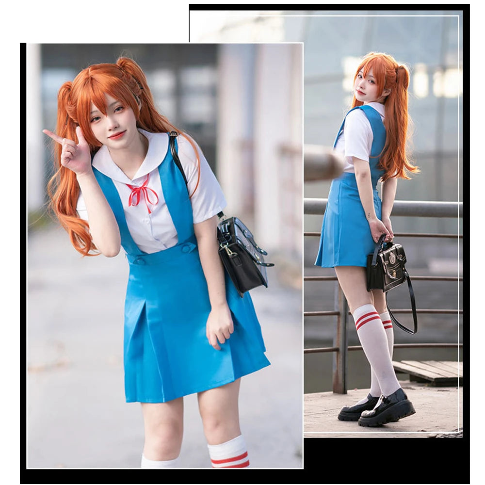 Asuka Langley Soryu Cosplay Costume Set – Wig & Hair Clips (Anime Character Accessories for Women/Girls, Halloween Party Outfit)