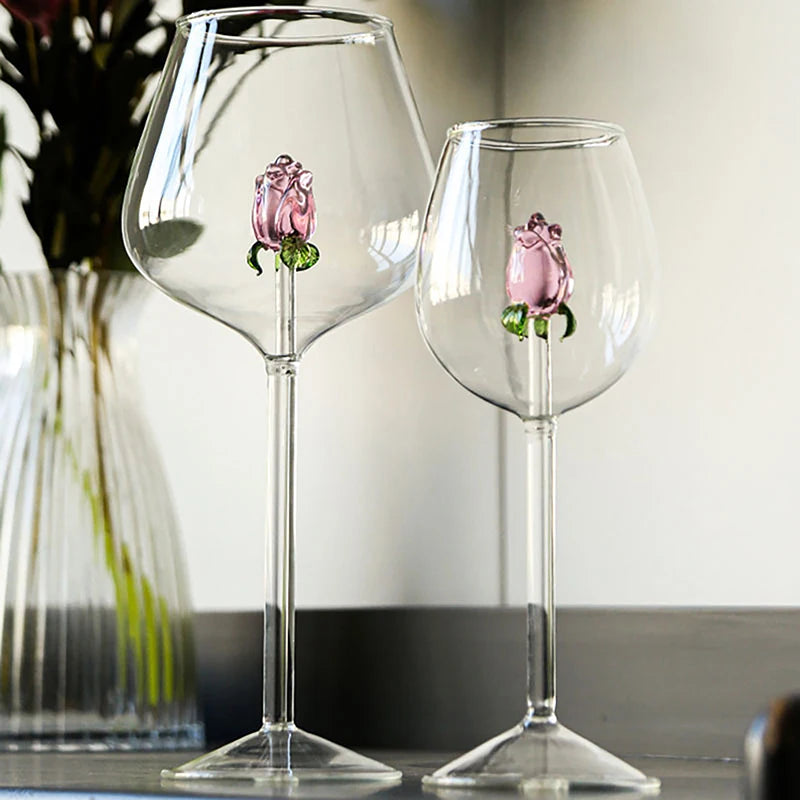 3D Pink Glass Rose Wine Glass Goblet, Red White Wine Cup, Champagne Flute Drinkware, Romantic Valentine’s Day Gift